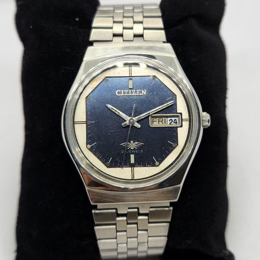 Vintage 1980 Original Citizen Automatic 8200 Blue Face 35MM Case Day-Date Japanese Men's Wrist Watch CT11