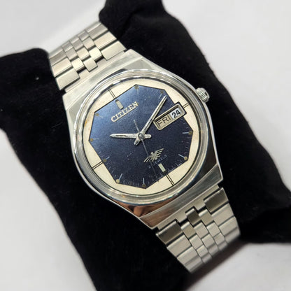 Vintage 1980 Original Citizen Automatic 8200 Blue Face 35MM Case Day-Date Japanese Men's Wrist Watch CT11