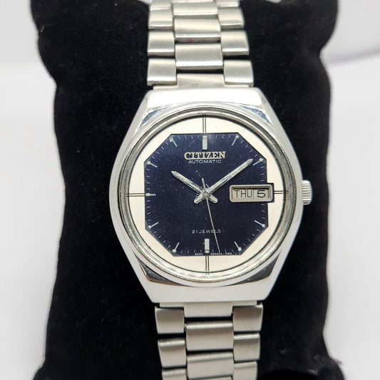 Vintage 1980 Original Citizen Automatic 8200 Blue Face 34MM Case Day-Date Japanese Men's Wrist Watch CT21