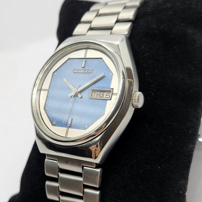 Vintage 1980 Original Citizen Automatic 8200 Blue Face 34MM Case Day-Date Japanese Men's Wrist Watch CT21