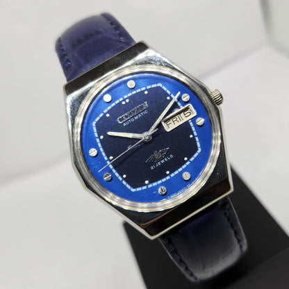 Vintage 1982 Original Citizen Automatic 8200 Blue Face 35MM Case Day-Date Japanese Men's Wrist Watch CT27