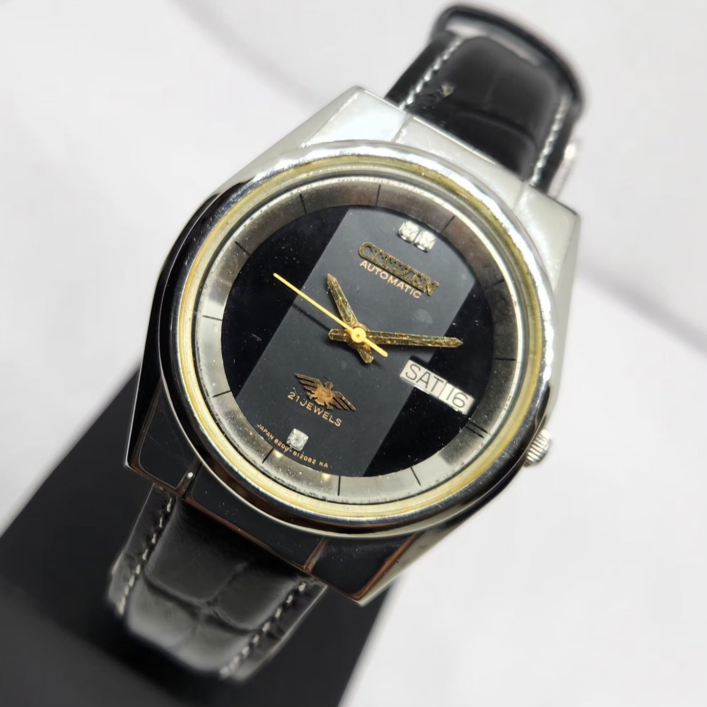Vintage 1975 Original Citizen Automatic 8200 Black Face 36MM Case Day-Date Japanese Men's Wrist Watch CT28