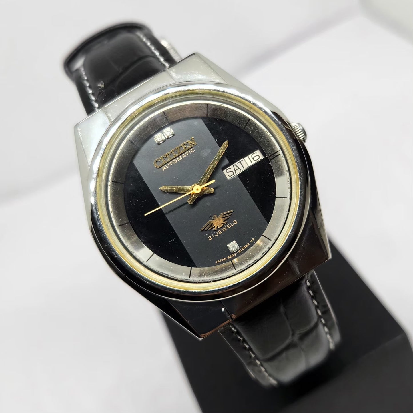 Vintage 1975 Original Citizen Automatic 8200 Black Face 36MM Case Day-Date Japanese Men's Wrist Watch CT28