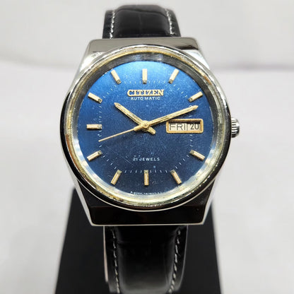 Vintage 1981 Original Citizen Automatic 8200 Blue Face 36MM Case Day-Date Japanese Men's Wrist Watch CT30