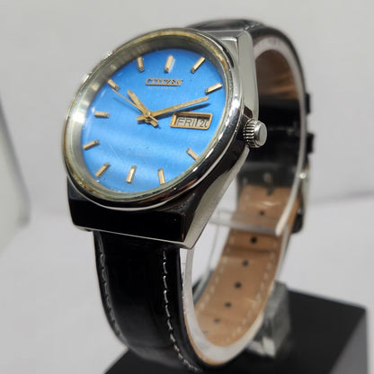 Vintage 1981 Original Citizen Automatic 8200 Blue Face 36MM Case Day-Date Japanese Men's Wrist Watch CT30
