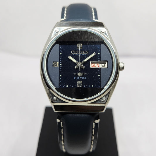 Vintage 1975 Original Citizen Automatic 8200 Blue Face 35MM Case Day-Date Japanese Men's Wrist Watch CT34
