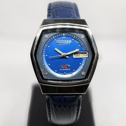 Vintage 1982 Original Citizen Automatic 8200 Blue Face 35MM Case Day-Date Japanese Men's Wrist Watch CT35