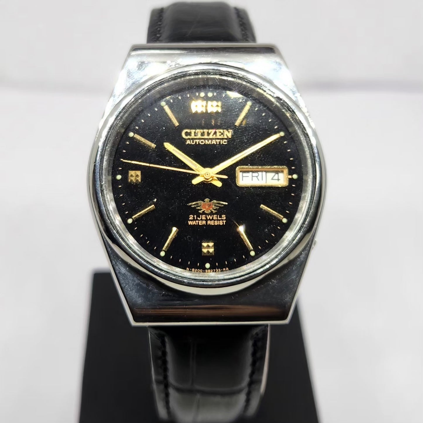 Vintage 1980 Original Citizen Automatic 8200 Black Face 36MM Case Day-Date Japanese Men's Wrist Watch CT43