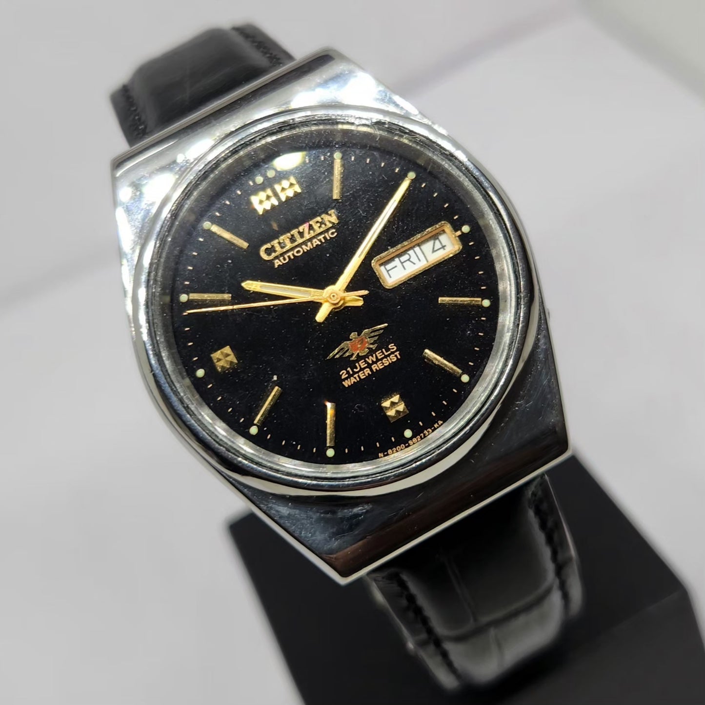 Vintage 1980 Original Citizen Automatic 8200 Black Face 36MM Case Day-Date Japanese Men's Wrist Watch CT43