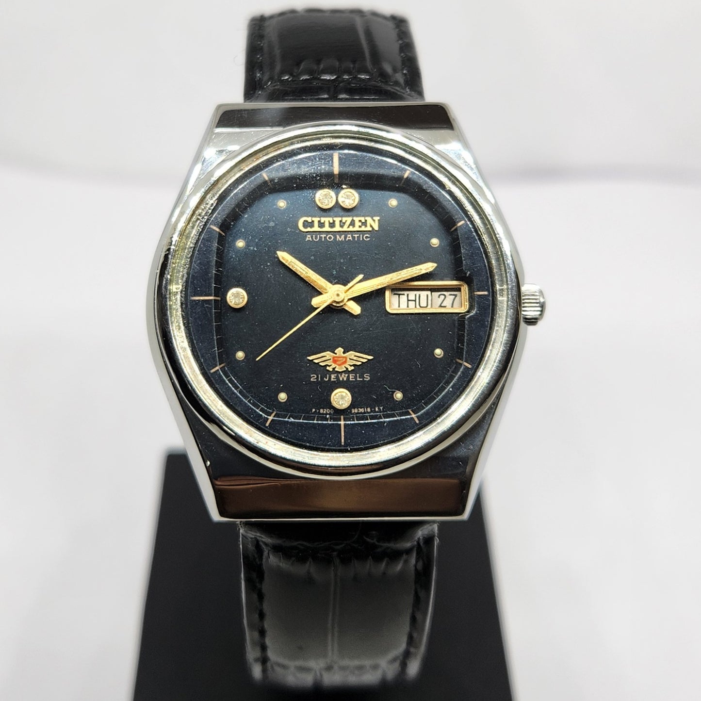 Vintage 1983 Original Citizen Automatic 8200 Black Face 36MM Case Day-Date Japanese Men's Wrist Watch CT47