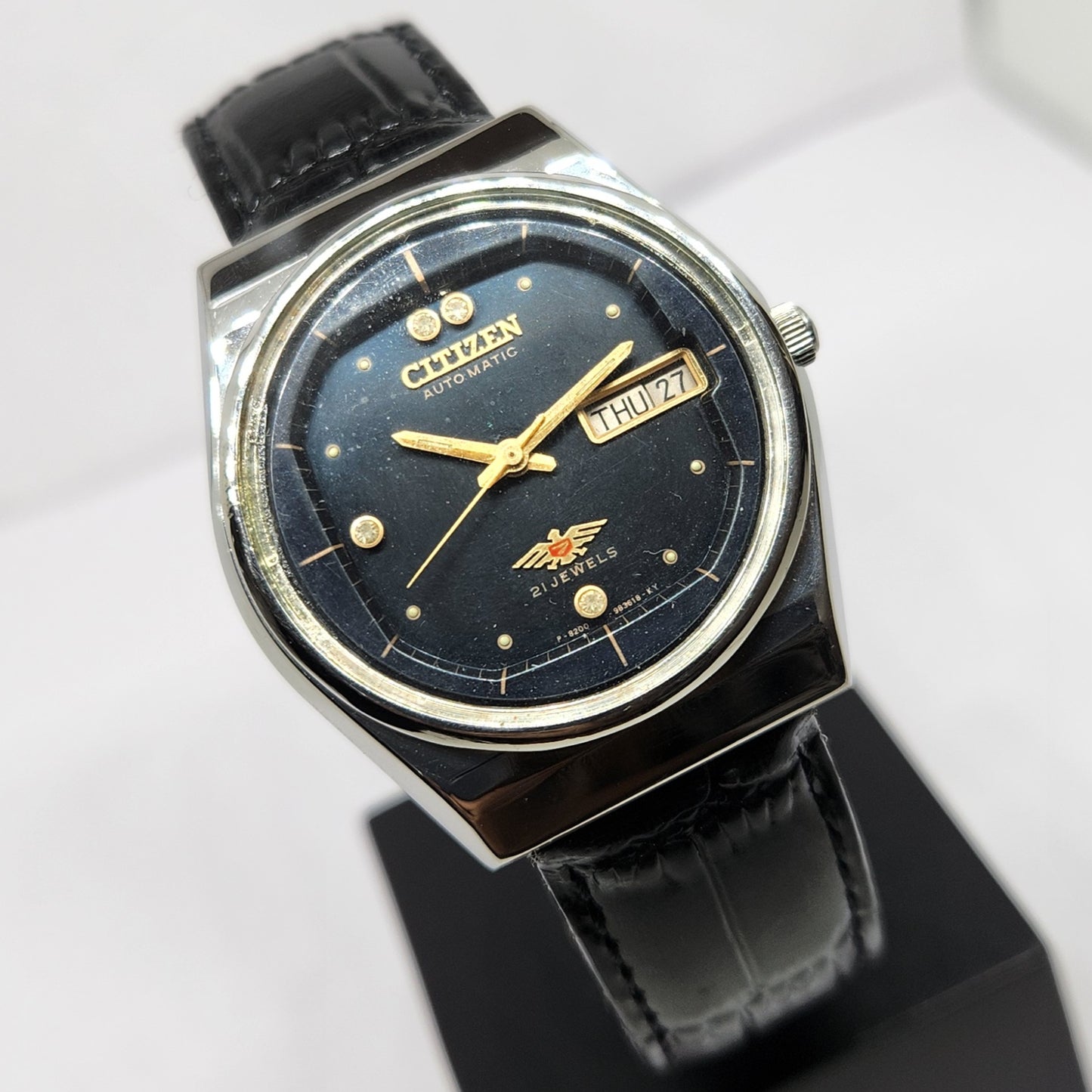 Vintage 1983 Original Citizen Automatic 8200 Black Face 36MM Case Day-Date Japanese Men's Wrist Watch CT47