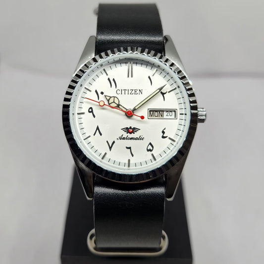 Vintage Mod Citizen Arabic 8200 Automatic Fluted Bazel White Face 35MM Case Day-Date Men's Wrist Watch CT51