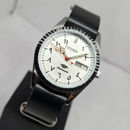 Vintage Mod Citizen Arabic 8200 Automatic Fluted Bazel White Face 35MM Case Day-Date Men's Wrist Watch CT51