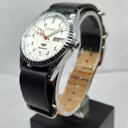 Vintage Mod Citizen Arabic 8200 Automatic Fluted Bazel White Face 35MM Case Day-Date Men's Wrist Watch CT51