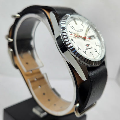 Vintage Mod Citizen Arabic 8200 Automatic Fluted Bazel White Face 35MM Case Day-Date Men's Wrist Watch CT51
