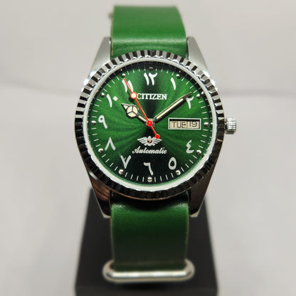 Vintage Mod Citizen Arabic 8200 Automatic Fluted Bazel Green Face 35MM Case Day-Date Men's Wrist Watch CT52