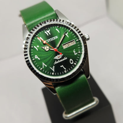 Vintage Mod Citizen Arabic 8200 Automatic Fluted Bazel Green Face 35MM Case Day-Date Men's Wrist Watch CT52
