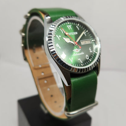 Vintage Mod Citizen Arabic 8200 Automatic Fluted Bazel Green Face 35MM Case Day-Date Men's Wrist Watch CT52