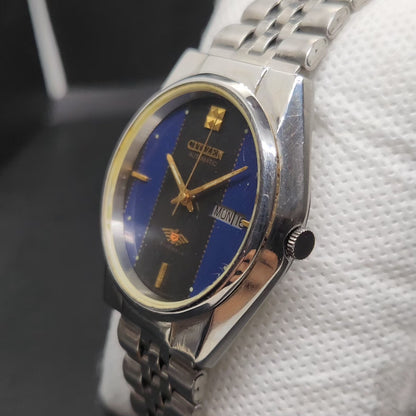 Vintage 1975 Original Citizen Automatic 8200 Blue Face 36MM case Day-Date Japanese Men's Wrist Watch CT57