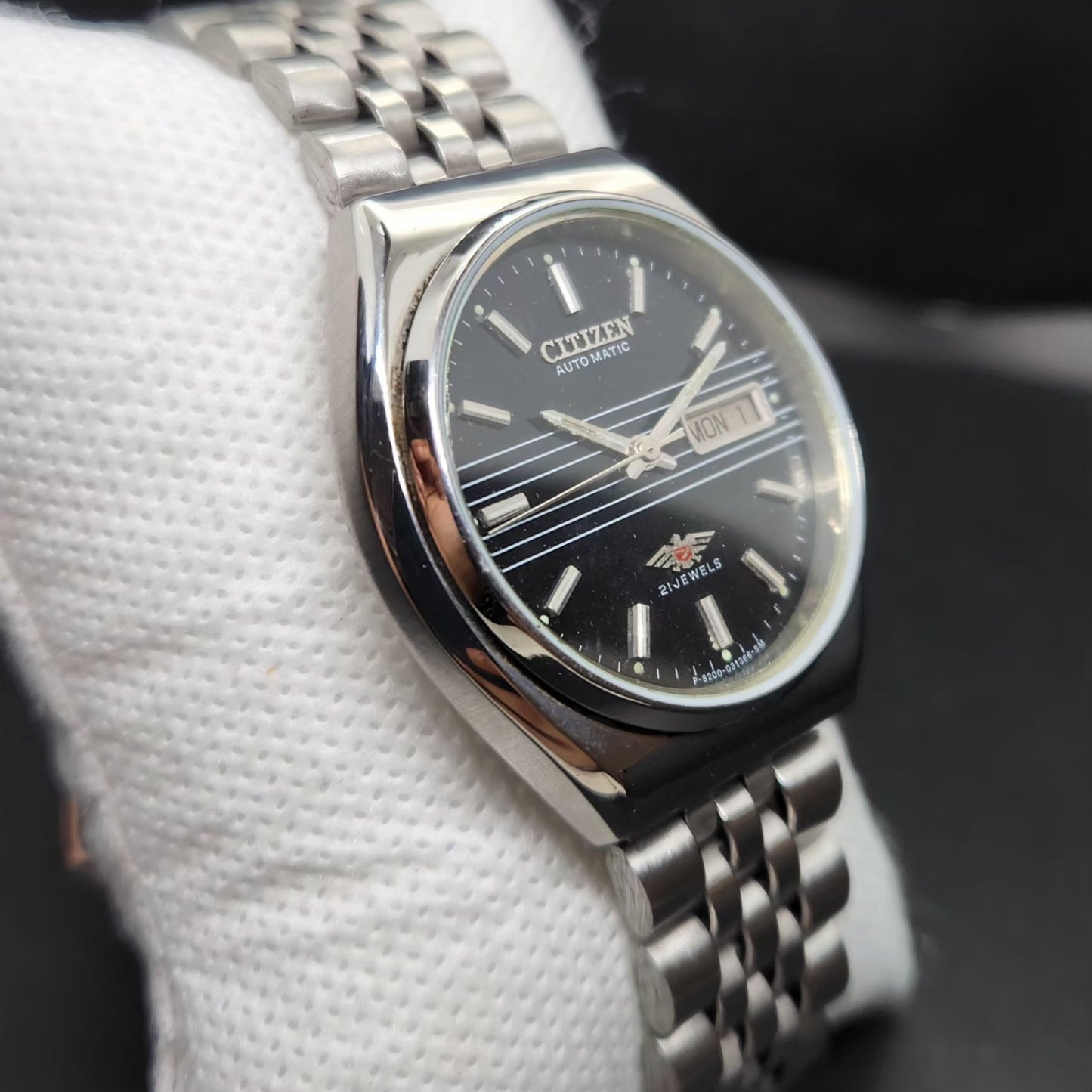 Vintage 1982 Original Citizen Automatic 8200 Black Face 36MM case Day-Date Japanese Men's Wrist Watch CT75