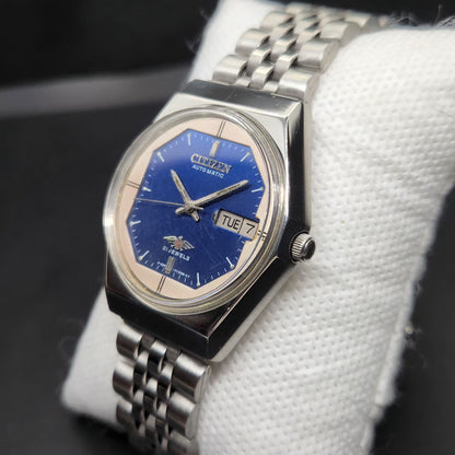 Vintage 1979 Original Citizen Automatic 8200 Blue Face 35MM case Day-Date Japanese Men's Wrist Watch CT76