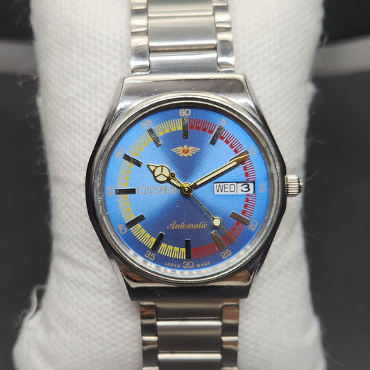 Vintage Mod Citizen 8200 Automatic Blue Face 36MM Case Day-Date Men's Wrist Watch CT87