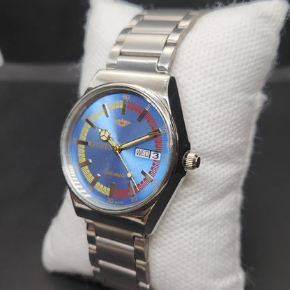 Vintage Mod Citizen 8200 Automatic Blue Face 36MM Case Day-Date Men's Wrist Watch CT87
