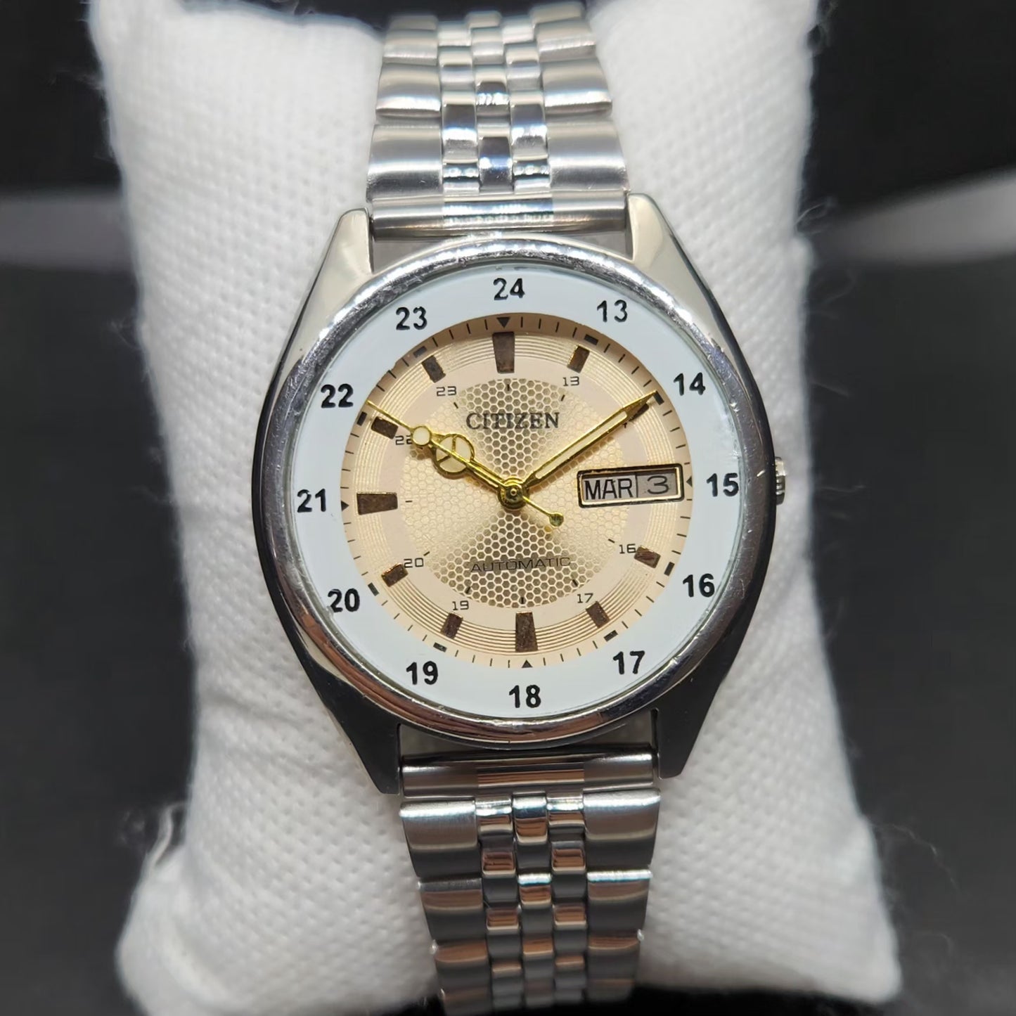 Vintage Mod Citizen 8200 Automatic Gold Face 36MM Case Railway Time Day-Date Men's Wrist Watch CT88