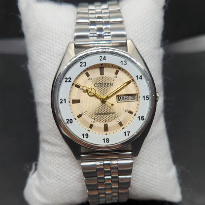 Vintage Mod Citizen 8200 Automatic Gold Face 36MM Case Railway Time Day-Date Men's Wrist Watch CT88