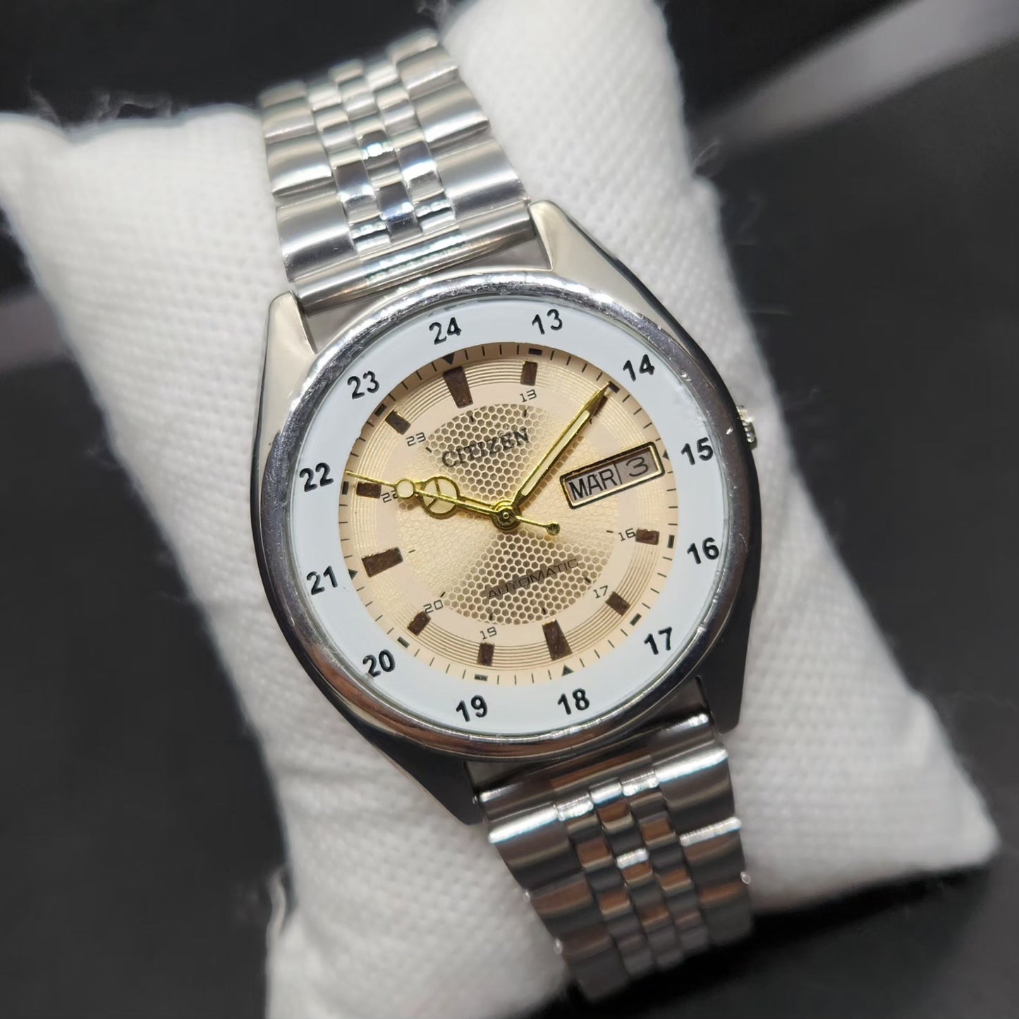 Vintage Mod Citizen 8200 Automatic Gold Face 36MM Case Railway Time Day-Date Men's Wrist Watch CT88
