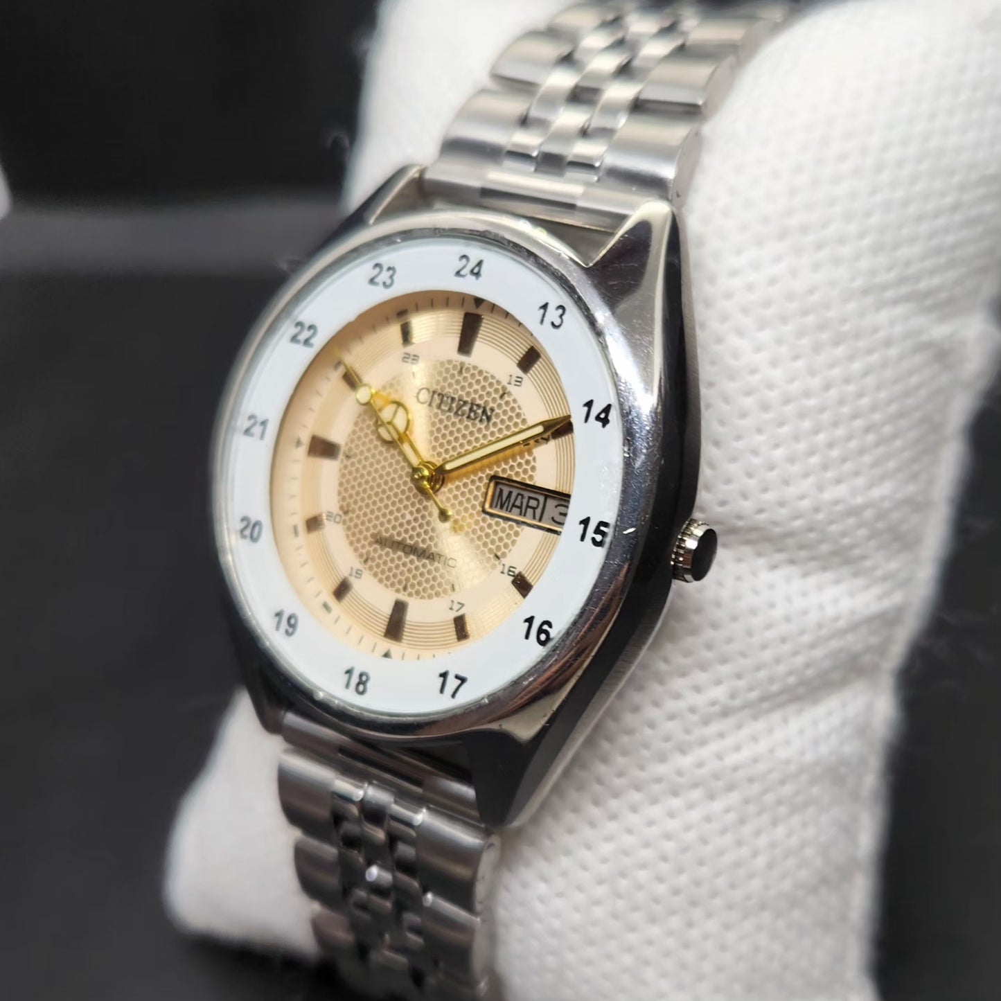 Vintage Mod Citizen 8200 Automatic Gold Face 36MM Case Railway Time Day-Date Men's Wrist Watch CT88