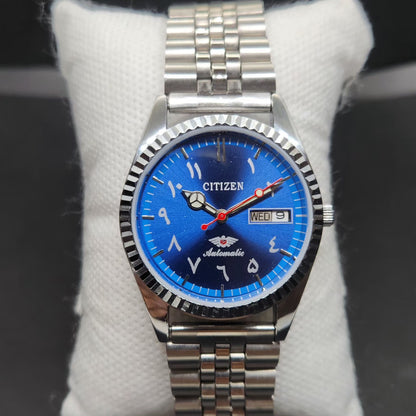 Vintage Mod Citizen Arabic 8200 Automatic Fluted Bazel Blue Face 35MM Case Day-Date Men's Wrist Watch CT89