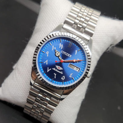 Vintage Mod Citizen Arabic 8200 Automatic Fluted Bazel Blue Face 35MM Case Day-Date Men's Wrist Watch CT89