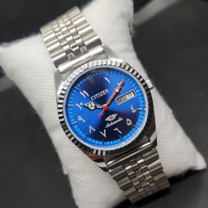 Vintage Mod Citizen Arabic 8200 Automatic Fluted Bazel Blue Face 35MM Case Day-Date Men's Wrist Watch CT89