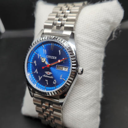 Vintage Mod Citizen Arabic 8200 Automatic Fluted Bazel Blue Face 35MM Case Day-Date Men's Wrist Watch CT89