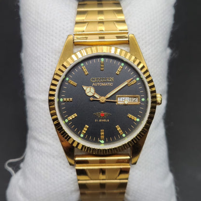 Vintage Mod Citizen 8200 Automatic Fluted Bazel Black Face 35MM Case Day-Date Men's Wrist Watch CT91