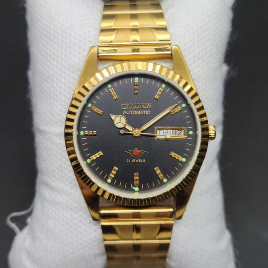 Vintage Mod Citizen 8200 Automatic Fluted Bazel Black Face 35MM Case Day-Date Men's Wrist Watch CT91