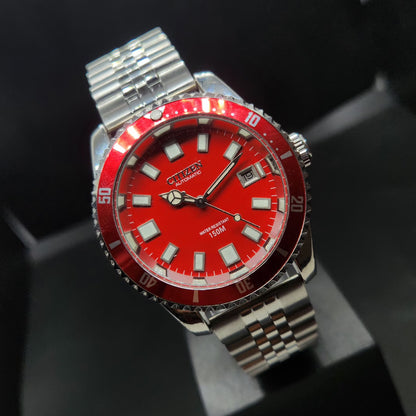Vintage Mod Citizen 8200 Automatic Rotating Bazel Red Face 40MM Case Date Men's Wrist Watch CT97