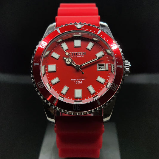 Vintage Mod Citizen 8200 Automatic Rotating Bazel Red Face 40MM Case Date Men's Wrist Watch CT104
