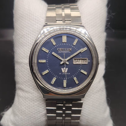 Vintage 1981 Original Citizen Automatic 8200 Blue Face 35MM case Day-Date Japanese Men's Wrist Watch CT115