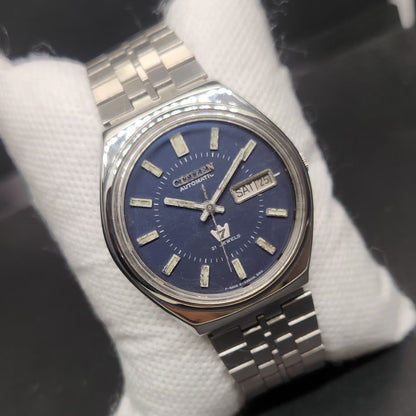 Vintage 1981 Original Citizen Automatic 8200 Blue Face 35MM case Day-Date Japanese Men's Wrist Watch CT115