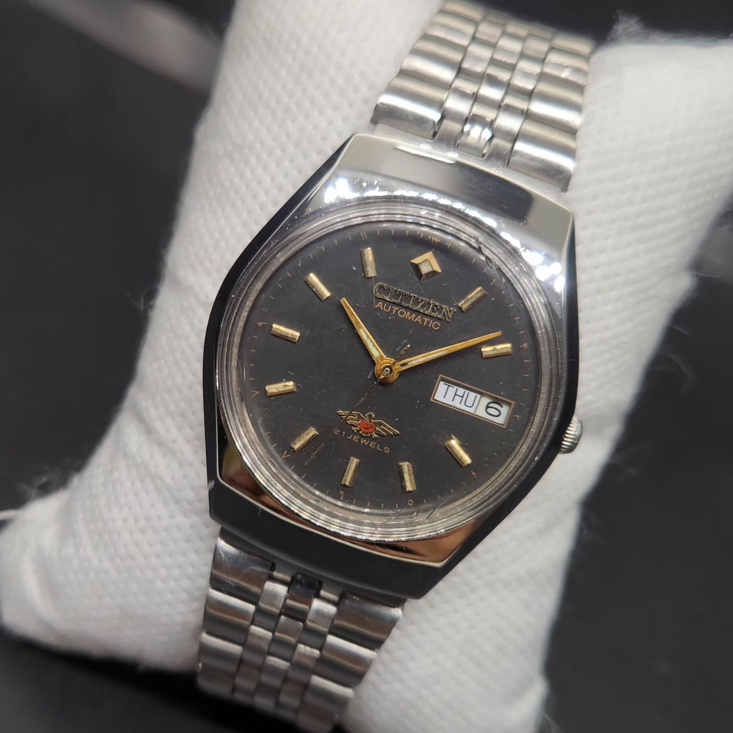 Vintage 1980 Original Citizen Automatic 8200 Grey Face 34MM case Day-Date Japanese Men's Wrist Watch CT119
