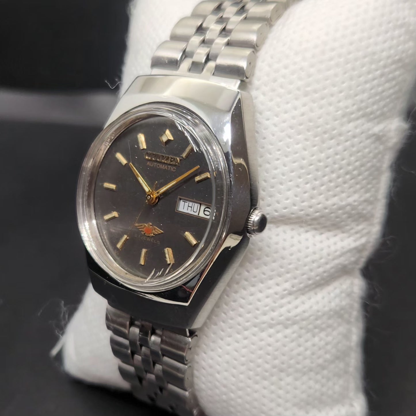 Vintage 1980 Original Citizen Automatic 8200 Grey Face 34MM case Day-Date Japanese Men's Wrist Watch CT119