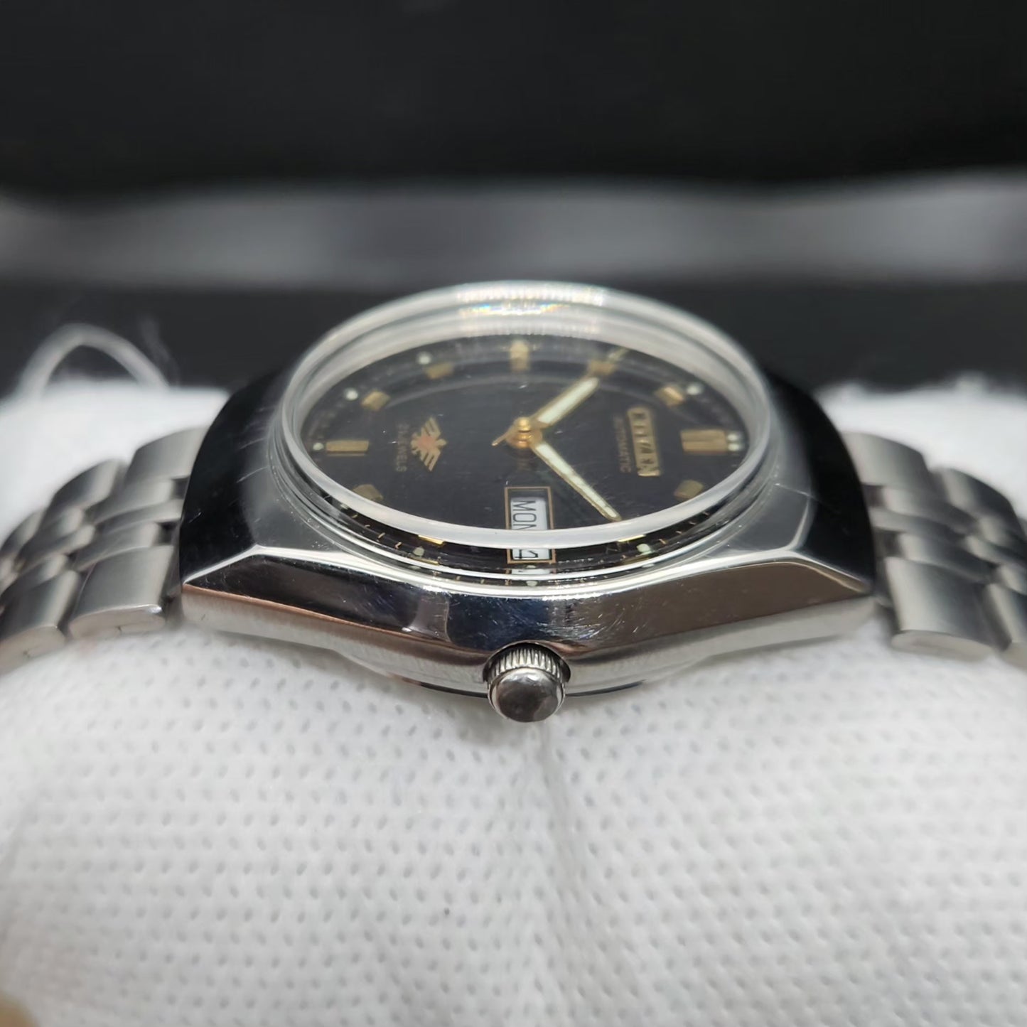 Vintage 1976 Original Citizen Automatic 8200 Black Face 34MM case Day-Date Japanese Men's Wrist Watch CT127