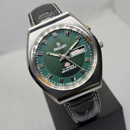 Vintage Ricoh R31 Automatic Green Face New Strap 21 Jewels Day-Date Men's Wrist Watch R01