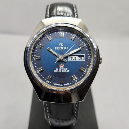 Vintage Ricoh R31 Automatic Blue Face New Strap 21 Jewels Day-Date Men's Wrist Watch R02
