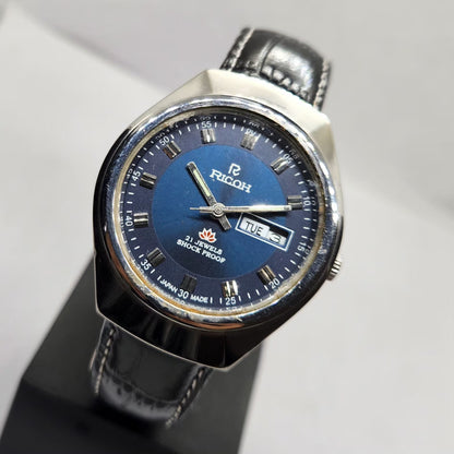 Vintage Ricoh R31 Automatic Blue Face New Strap 21 Jewels Day-Date Men's Wrist Watch R02