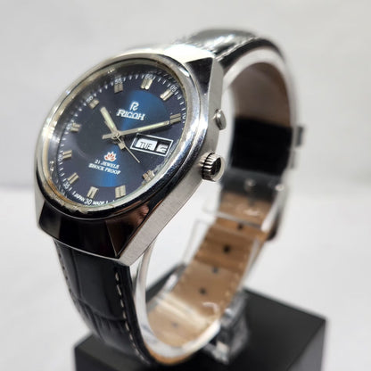Vintage Ricoh R31 Automatic Blue Face New Strap 21 Jewels Day-Date Men's Wrist Watch R02