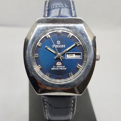 Vintage Ricoh R31 Automatic Blue Face New Strap 21 Jewels Day-Date Men's Wrist Watch R04