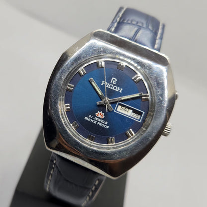 Vintage Ricoh R31 Automatic Blue Face New Strap 21 Jewels Day-Date Men's Wrist Watch R04